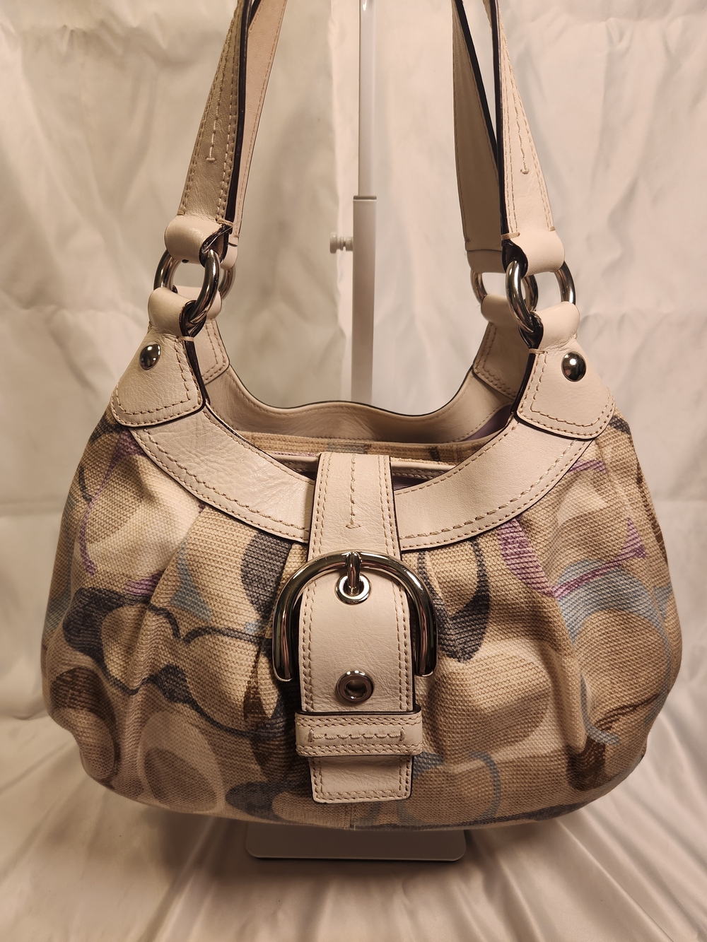 Coach Beige Canvas Hobo with Cream Leather Trim